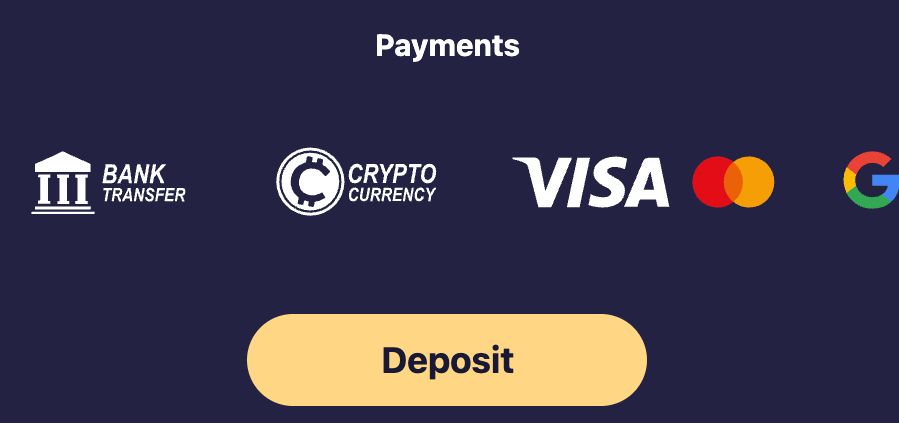 Available payment methods including bank transfer, cryptocurrency, Visa, Mastercard and Google Pay with deposit button